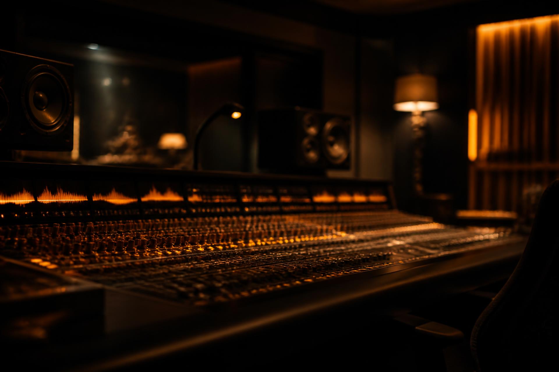 Cinematic recording studio with warm amber lighting